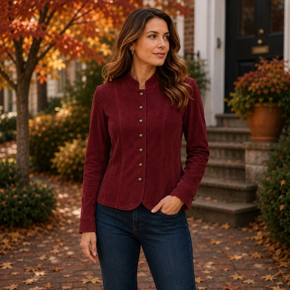 Live a Little Y2K Burgundy Suede Jacket Brass Snap Fitted Petite Medium